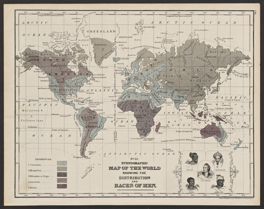 Ethnographic map of The World showing the distribution and  races of men. Atwood. 1877